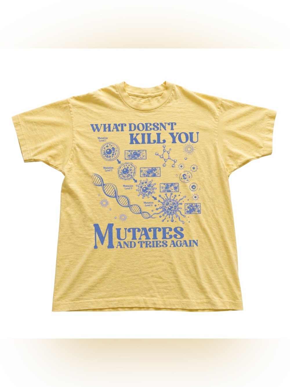 Yellowhaze Tee with Blue Science Graphic - Mutates Slogan